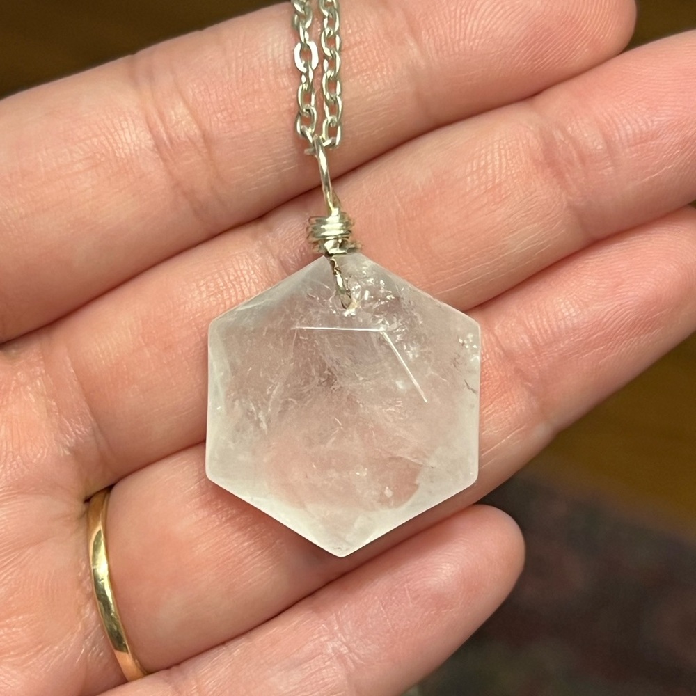 Clear Quartz gemstone hexagon geometric crystal layering necklace